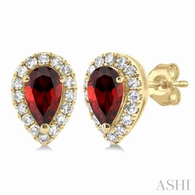 Contemporary Craft Sparkling Jewelry 5x3 MM Pear Shape Garnet and 1/8 Ctw Single Cut Diamond Halo Semi-Precious Stud Earrings in 14K Yellow Gold
