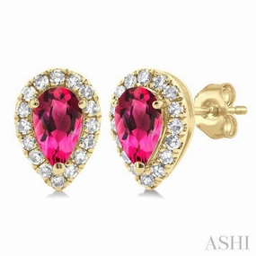 5x3 MM Pear Shape Pink Tourmaline and 1/8 Ctw Single Cut Diamond Halo Semi-Precious Stud Earrings in 10K Yellow Gold Lustrous Craft