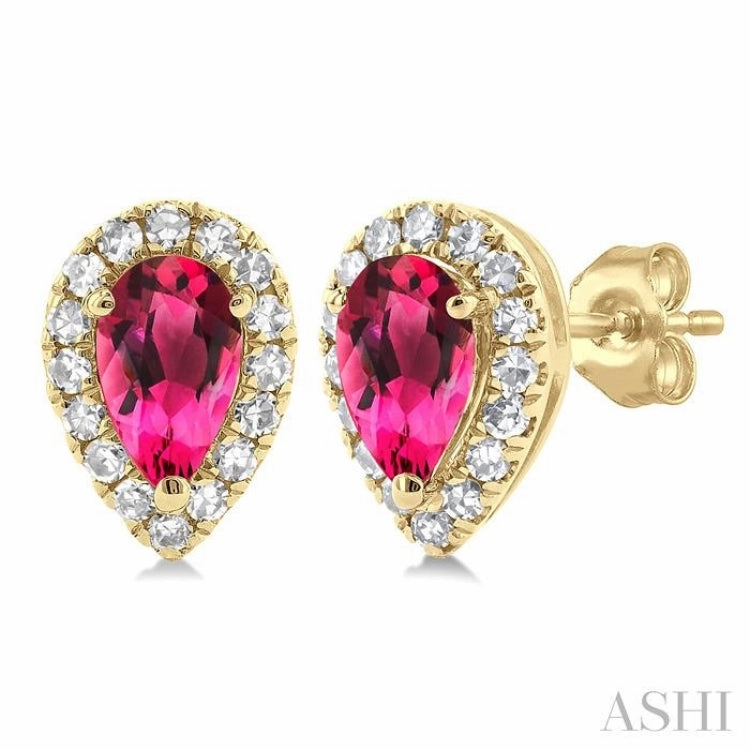 5x3 MM Pear Shape Pink Tourmaline and 1/8 Ctw Single Cut Diamond Halo Semi-Precious Stud Earrings in 10K Yellow Gold Lustrous Craft