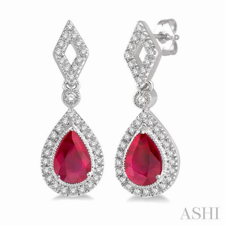 5x3 MM Pear Shape Ruby and 1/5 Ctw Round Cut Diamond Precious Earring in 10K White Gold Graceful Touch Glamorous Craft