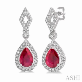 5x3 MM Pear Shape Ruby and 1/5 Ctw Round Cut Diamond Precious Earring in 10K White Gold Graceful Touch Glamorous Craft