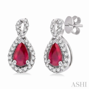 5x3 MM Pear Shape Ruby and 1/6 Ctw Round Cut Diamond Earrings in 14K White Gold Brilliant Detail High gloss
