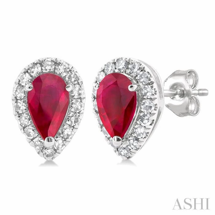 Unique Craft 5x3 MM Pear Shape Ruby and 1/8 Ctw Single Cut Diamond Halo Precious Stud Earrings in 14K White Gold
