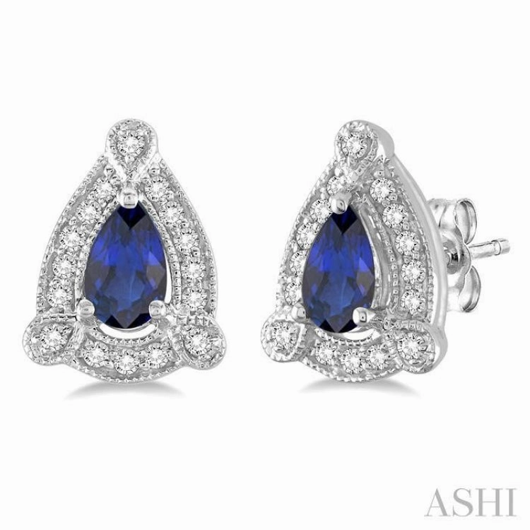 5x3 MM Pear Shape Sapphire and 1/6 Ctw Round Cut Diamond Earrings in 14K White Gold Vogue Style Fashion Design