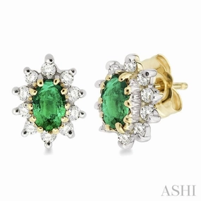 5x3MM Oval Cut Emerald and 1/4 ctw Round Cut Diamond Earrings in 14K Yellow Gold Glossy Vibe