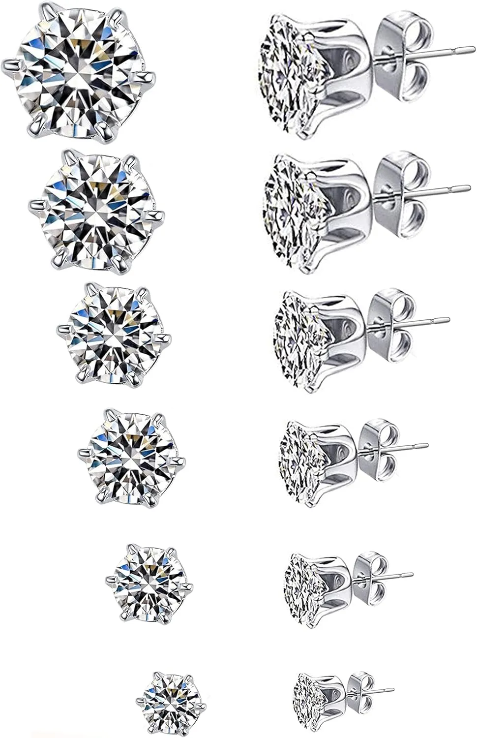 6 Pairs Stud Earrings Set, Hypoallergenic Clear Cubic Zirconia 316L Earrings Stainless Steel CZ Earrings for Women for Men 3-8mm