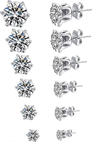 6 Pairs Stud Earrings Set, Hypoallergenic Clear Cubic Zirconia 316L Earrings Stainless Steel CZ Earrings for Women for Men 3-8mm