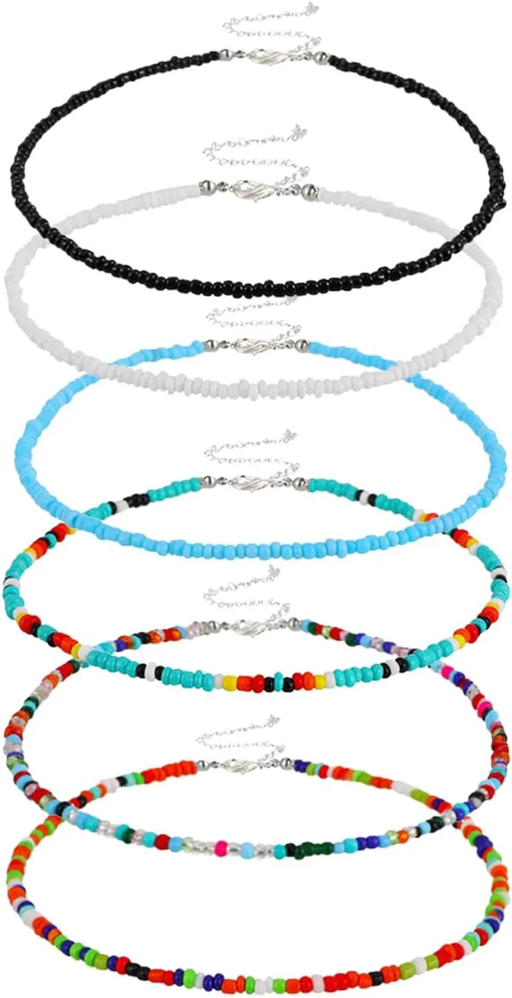 6 Pcs Choker Necklaces - Colorful Tiny Seed Beaded Necklace Boho Choker - Cute Beach Chain Jewelry for Women