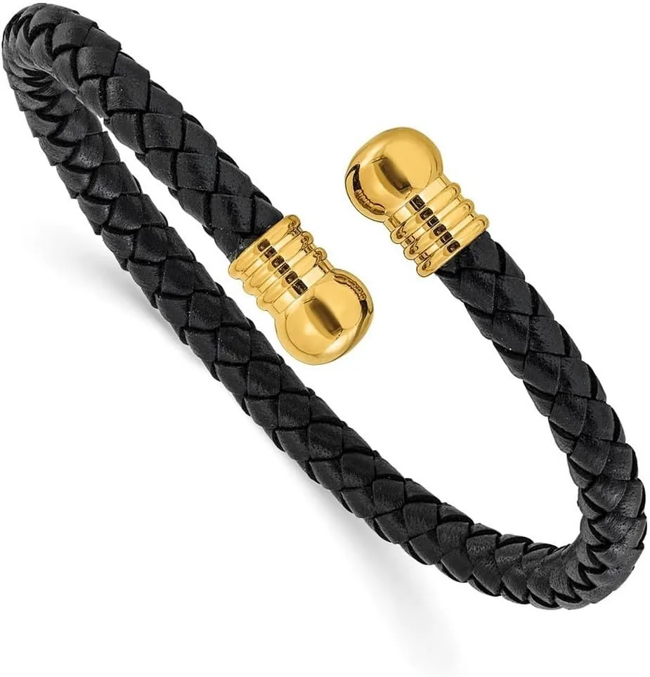 6.3mm Stainless Steel Polished Gold Ip Black Leather Flexible Cuff Stackable Bangle Bracelet - Jewelry Gift for Mom