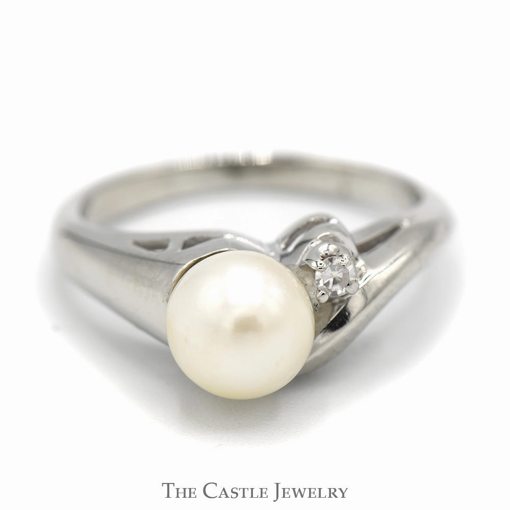 Playful Accessory 6.5mm Pearl Ring with Diamond Accent in 14k White Gold