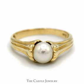 6.5mm Pearl Solitaire Ring with Grooved Design Sides in 14k Yellow Gold Elegant Glow