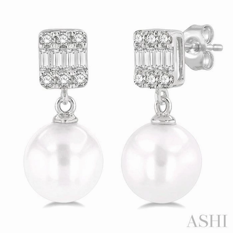Daywear Fit 6 MM Cultured Pearls and 1/10 Ctw Baguette and Single Cut Diamond Earrings in 10K White Gold