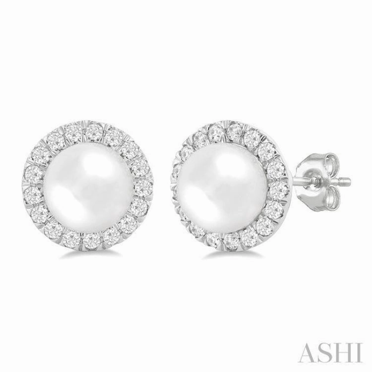 6 MM White Cultured Pearl and 1/4 Ctw Round Cut Diamond Halo Stud Earrings in 10K White Gold Sculpted Accent Radiant Finish