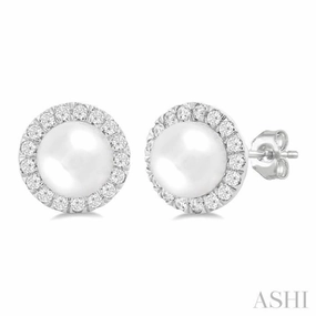 6 MM White Cultured Pearl and 1/4 Ctw Round Cut Diamond Halo Stud Earrings in 10K White Gold Sculpted Accent Radiant Finish