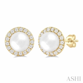 Sleek Radiance Perfect Accent 6 MM White Cultured Pearl and 1/4 Ctw Round Cut Diamond Halo Stud Earrings in 14K Yellow Gold