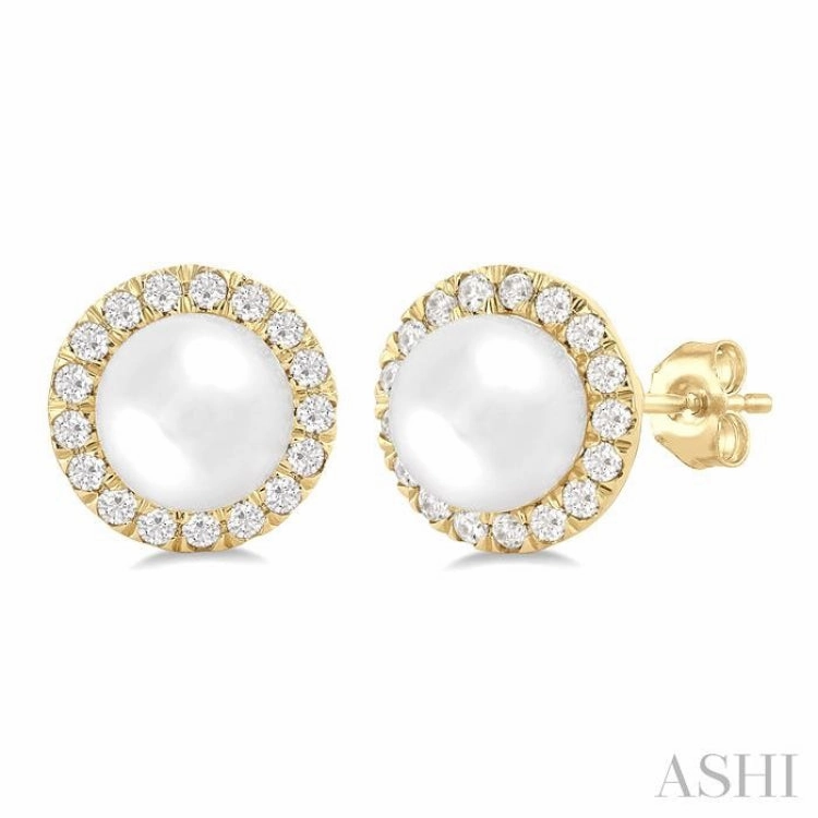 Sleek Radiance Perfect Accent 6 MM White Cultured Pearl and 1/4 Ctw Round Cut Diamond Halo Stud Earrings in 14K Yellow Gold