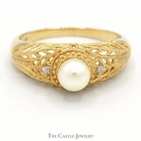 Casual Outfit Minimalist Craft 6mm Pearl Solitaire Ring with Diamond Accents in 10k Yellow Gold Domed Filigree Setting