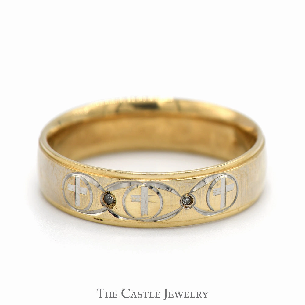 Sentimental Expression 6mm Wide Men's Cross Designed Wedding Band with Diamond Accents in 10k Yellow Gold