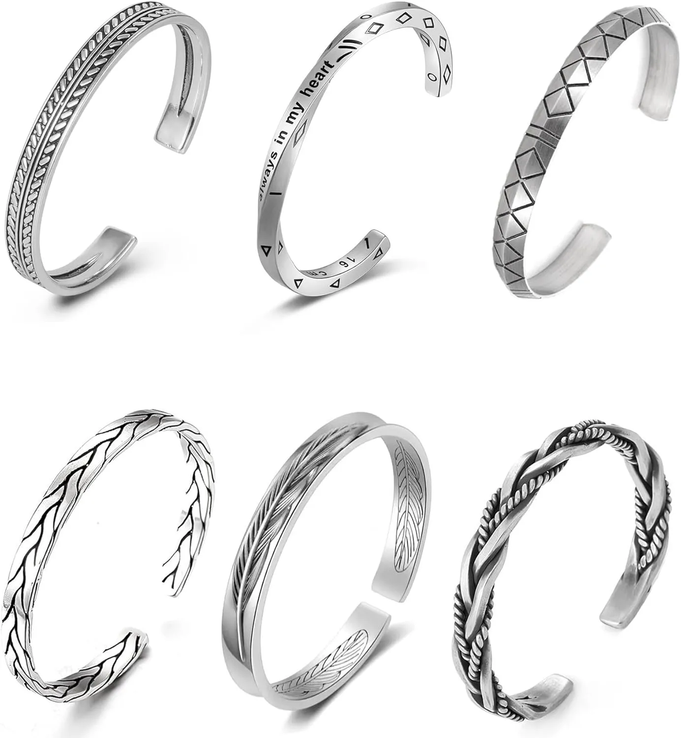 6Pcs Men's Cuff Bracelets Silver Cuff Bracelet for Men Vintage Leaves Pattern Twisted Open Cuff Bracelet Jewelry Adjustable