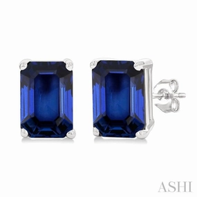 6X4 MM Octagon Shape Sapphire Precious Gemstone Stud Earrings in 14K White Gold Fashionable Edge Polished Surface