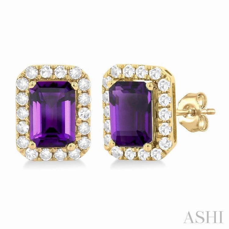 6x4 MM Octagonal Shape Amethyst and 1/4 Ctw Round Cut Diamond Halo Semi-Precious Stud Earrings in 10K Yellow Gold Daytime Style