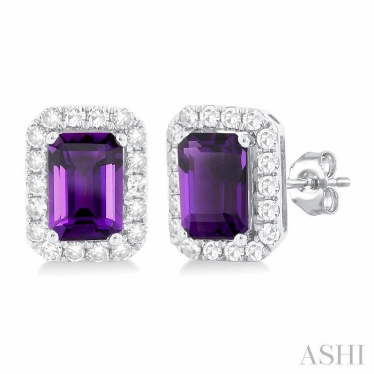 Trendy Appeal Creative Match 6x4 MM Octagonal Shape Amethyst and 1/4 Ctw Round Cut Diamond Halo Semi-Precious Stud Earrings in 14K White Gold