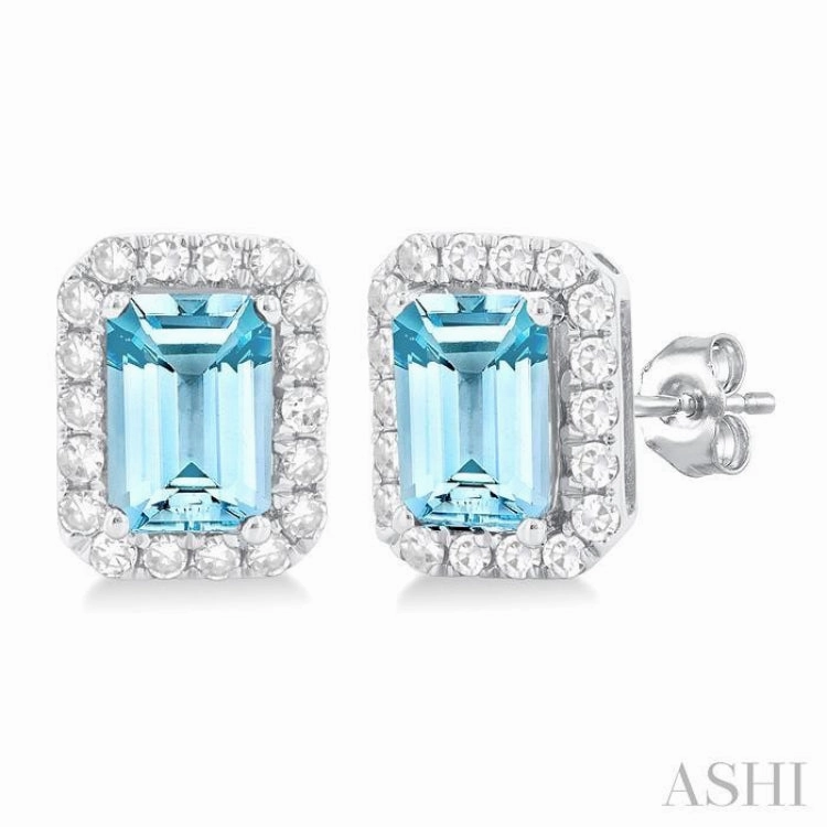Artisan Made Timeless Line 6x4 MM Octagonal Shape Aquamarine and 1/4 Ctw Round Cut Diamond Halo Semi-Precious Stud Earrings in 10K White Gold