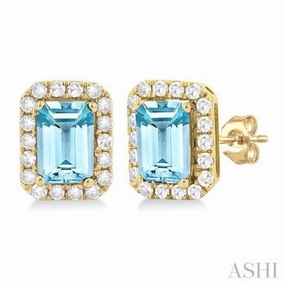 6x4 MM Octagonal Shape Aquamarine and 1/4 Ctw Round Cut Diamond Halo Semi-Precious Stud Earrings in 10K Yellow Gold Shiny Accent Exclusive Craft