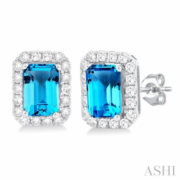 Polished Detail Everyday Appeal 6x4 MM Octagonal Shape Blue Topaz and 1/4 Ctw Round Cut Diamond Halo Semi-Precious Stud Earrings in 14K White Gold