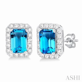 Polished Detail Everyday Appeal 6x4 MM Octagonal Shape Blue Topaz and 1/4 Ctw Round Cut Diamond Halo Semi-Precious Stud Earrings in 14K White Gold