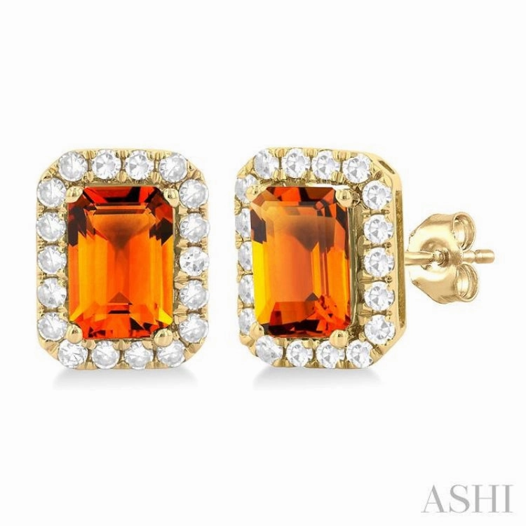 Vivid Glow Minimal Look 6x4 MM Octagonal Shape Citrine and 1/4 Ctw Round Cut Diamond Halo Semi-Precious Stud Earrings in 14K Yellow Gold