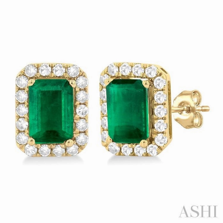 Highlight Accent 6x4 MM Octagonal Shape Emerald and 1/4 Ctw Round Cut Diamond Halo Precious Stud Earrings in 10K Yellow Gold