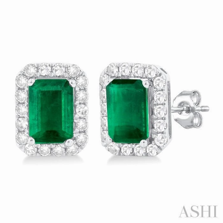 6x4 MM Octagonal Shape Emerald and 1/4 Ctw Round Cut Diamond Halo Precious Stud Earrings in 14K White Gold Delicate Finish Shimmering Craft
