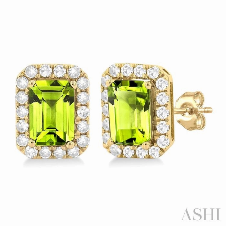 Timeless Finish 6x4 MM Octagonal Shape Peridot and 1/4 Ctw Round Cut Diamond Halo Semi-Precious Stud Earrings in 14K Yellow Gold