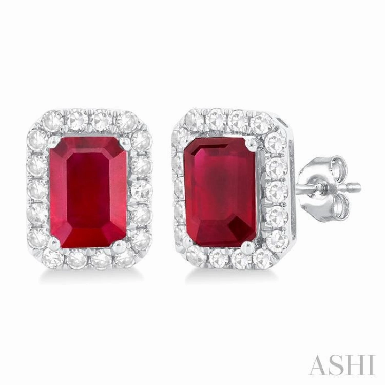 Exclusive Look Distinctive pieces 6x4 MM Octagonal Shape Ruby and 1/4 Ctw Round Cut Diamond Halo Precious Stud Earrings in 10K White Gold