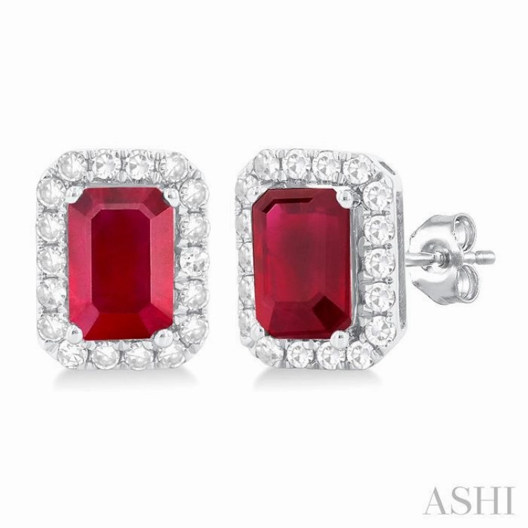 Custom Style 6x4 MM Octagonal Shape Ruby and 1/4 Ctw Round Cut Diamond Halo Precious Stud Earrings in 14K White Gold