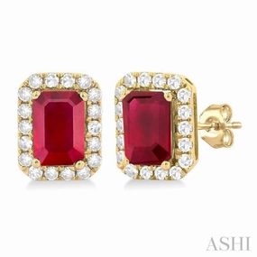 Gift Box Flawless Sparkle 6x4 MM Octagonal Shape Ruby and 1/4 Ctw Round Cut Diamond Halo Precious Stud Earrings in 14K Yellow Gold