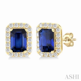 6x4 MM Octagonal Shape Sapphire and 1/4 Ctw Round Cut Diamond Halo Precious Stud Earrings in 10K Yellow Gold Luxury Aura Seasonal Gift