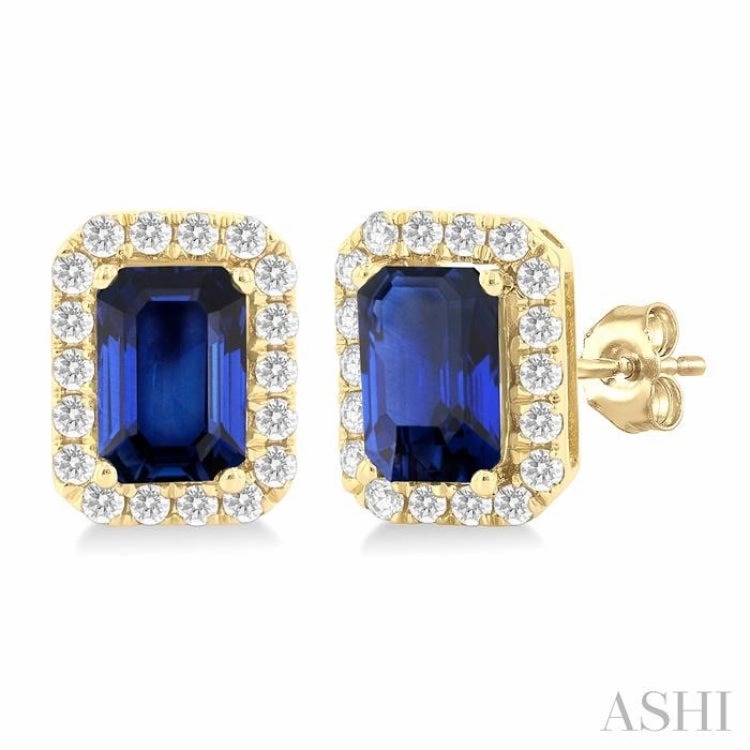 Trendy Layer 6x4 MM Octagonal Shape Sapphire and 1/4 Ctw Round Cut Diamond Halo Precious Stud Earrings in 14K Yellow Gold