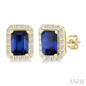 Trendy Layer 6x4 MM Octagonal Shape Sapphire and 1/4 Ctw Round Cut Diamond Halo Precious Stud Earrings in 14K Yellow Gold