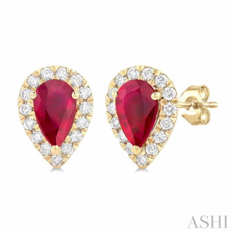 6x4 MM Pear Shape Ruby and 1/4 Ctw Round Cut Diamond Halo Precious Stud Earrings in 14K Yellow Gold Holiday Style