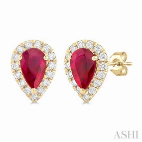 6x4 MM Pear Shape Ruby and 1/4 Ctw Round Cut Diamond Halo Precious Stud Earrings in 14K Yellow Gold Holiday Style