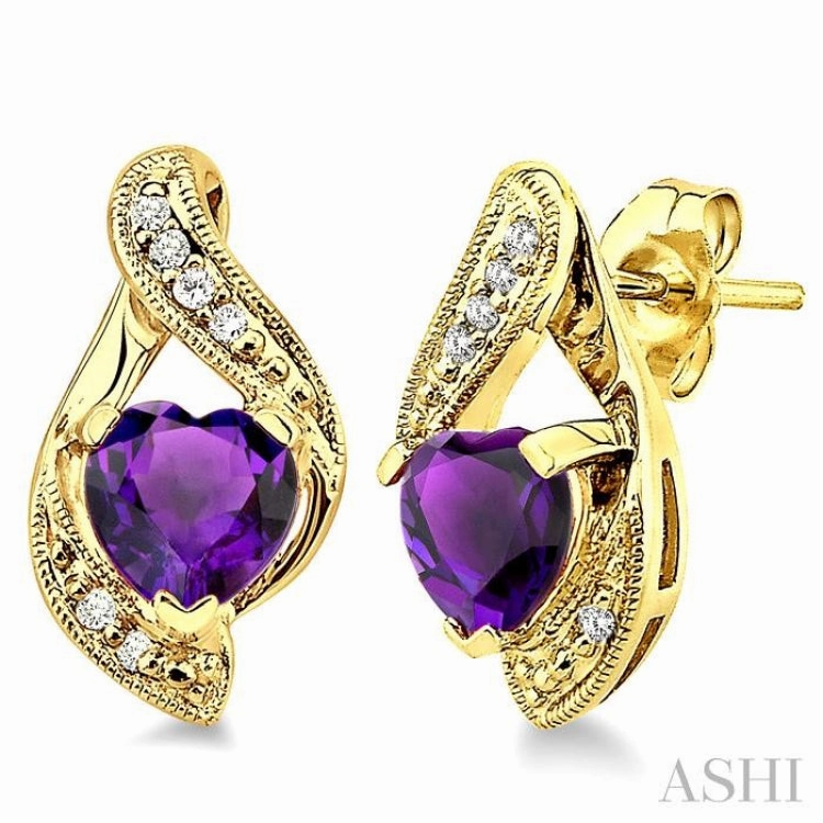 6x6 MM Heart Shape Amethyst and 1/20 Ctw Single Cut Diamond Semi-Precious Earrings in 14K Yellow Gold Modern Form Lifestyle Fit