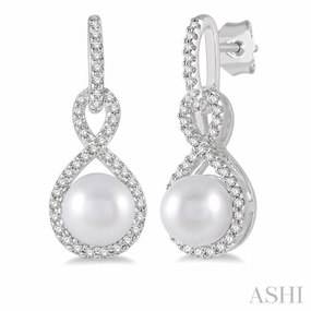6x6 MM Round Shape Cultured Pearl and 1/4 Ctw Twisted Loop Round Cut Diamond Earring in 10K White Gold Exclusive Glow