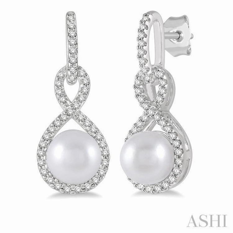 6x6 MM Round Shape Cultured Pearl and 1/4 Ctw Twisted Loop Round Cut Diamond Earring in 10K White Gold Exclusive Glow