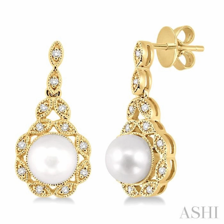 Minimalist Flair Shimmering Effect 6X6 MM Round Shape Cultured Pearl and 1/8 ctw Cutwork Marquise Round Cut Diamond Fashion Earring in 14K Yellow Gold