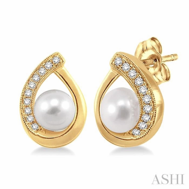 6x6 MM Round Shape Cultured Pearls and 1/10 ctw Round Cut Diamond Earrings in 10K Yellow Gold Luxury Look