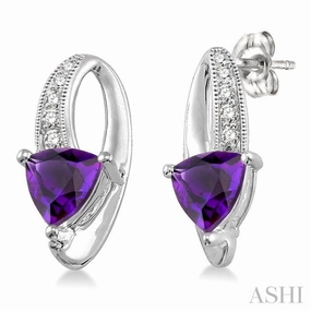 Event Outfit Custom Piece 6x6 MM Trillion Cut Amethyst and 1/20 ctw Single Cut Diamond Earrings in 10K White Gold