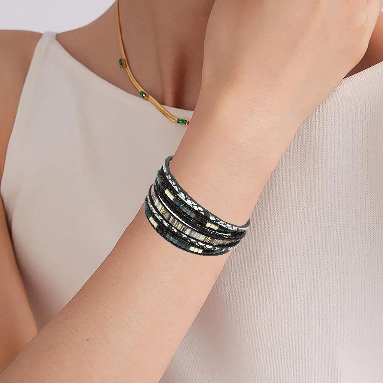72ore Leather Bracelets for Women Wrap Bracelets Layered Leather Cuff Bracelet Handmade Braided Leather Bracelet Boho Jewelry for Women Trendy Stuff