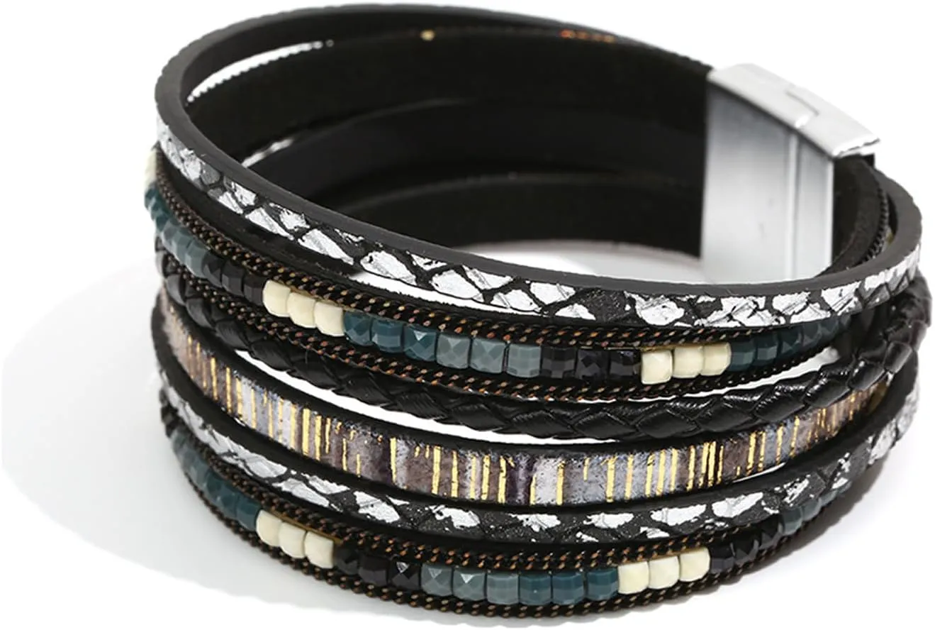 72ore Leather Bracelets for Women Wrap Bracelets Layered Leather Cuff Bracelet Handmade Braided Leather Bracelet Boho Jewelry for Women Trendy Stuff